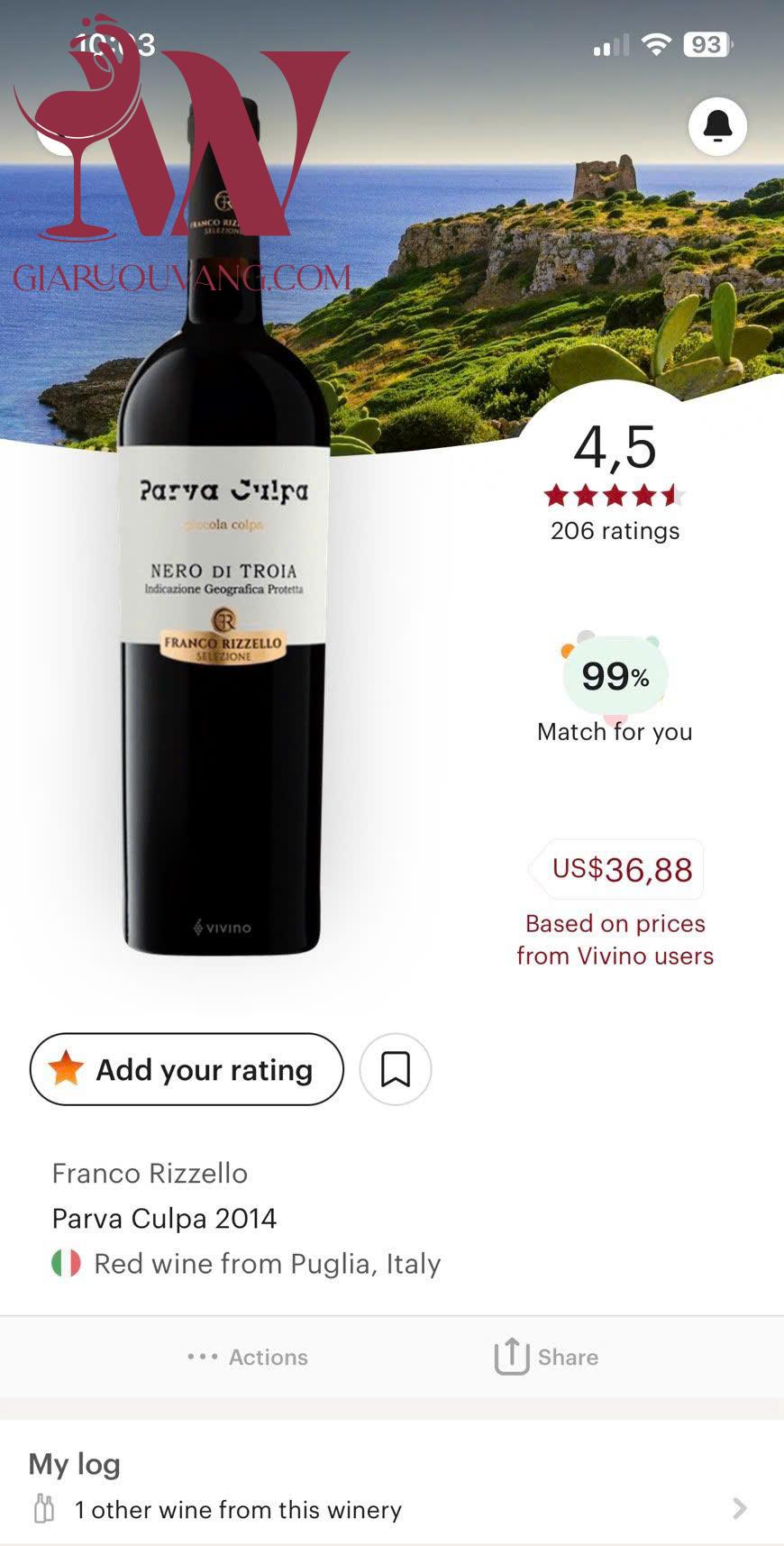 VANG Ý PARVA CULPA NERO DI TROIA GIÁ CHỈ 6xxK/CHAI